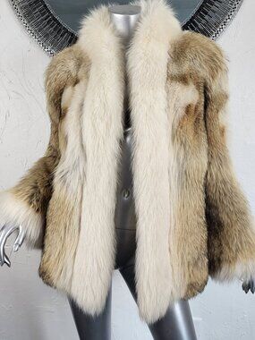 ZCMI CAMEO ROOM~M/L~VINTAGE BROWN BEIGE GENUINE COYOTE FUR REAL FOX TUXEDO COAT